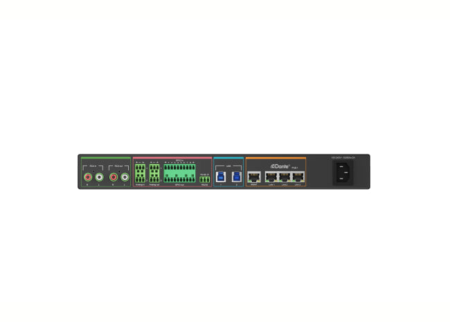 Yealink AP08 audio processor, 64x64 Dante channels, DSP, AEC, noise cancellation, reverberation suppression, 8x8 analog