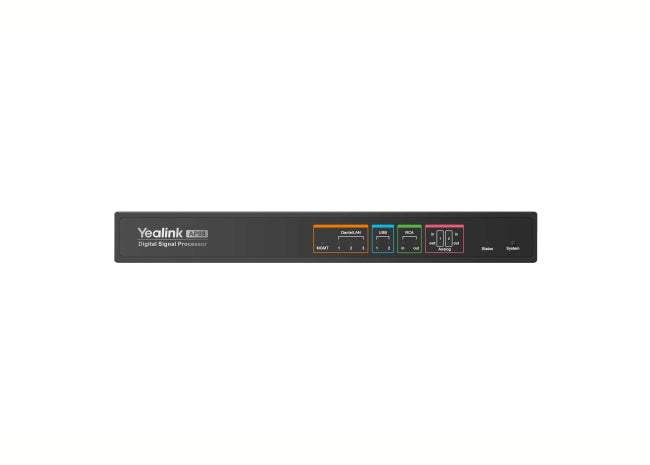 Yealink AP08 audio processor, 64x64 Dante channels, DSP, AEC, noise cancellation, reverberation suppression, 8x8 analog 