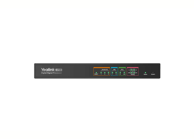 Yealink AP08 audio processor, 64x64 Dante channels, DSP, AEC, noise cancellation, reverberation suppression, 8x8 analog 