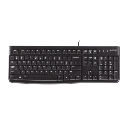 Logitech K120 Wired Keyboard Quiet typing Spill-resistant Durable keys Thin profile Curved space bar Adjustable tilt leg