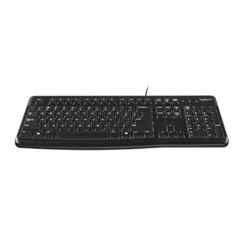 Logitech K120 Wired Keyboard Quiet typing Spill-resistant Durable keys Thin profile Curved space bar Adjustable tilt leg