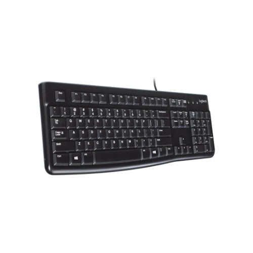 Logitech K120 Wired Keyboard Quiet typing Spill-resistant Durable keys Thin profile Curved space bar Adjustable tilt leg