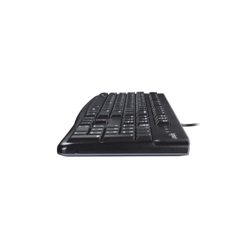 Logitech K120 Wired Keyboard Quiet typing Spill-resistant Durable keys Thin profile Curved space bar Adjustable tilt leg