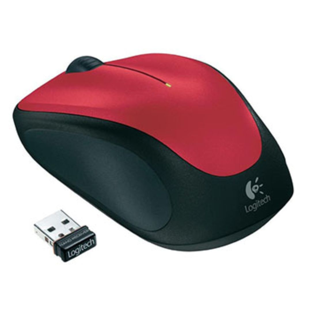 Logitech M235 Wireless Mouse Red Contoured design Glossy Comfort Grip Advanced Optical Tracking 1-year battery life